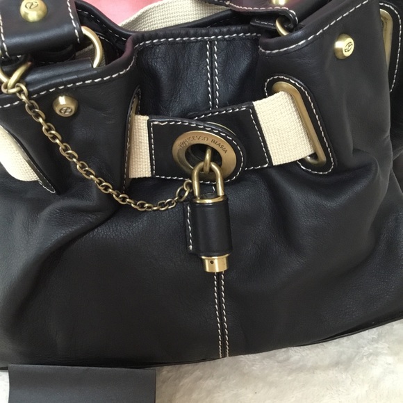 Francesco Biasia Genuine Black Leather Oversized Handbag Push Lock Canvas Strap - Picture 15 of 17